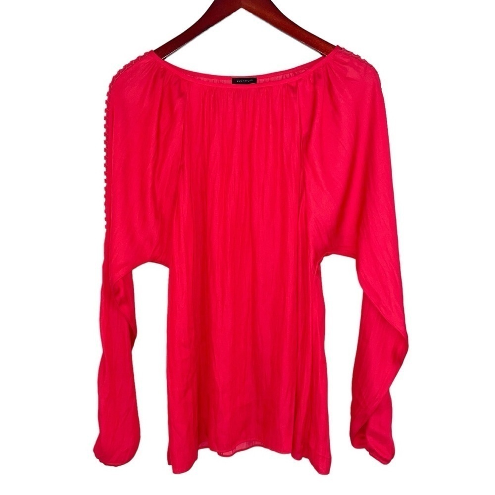 Ann Taylor satin blouse crochet latter long sleeve coral red silky large